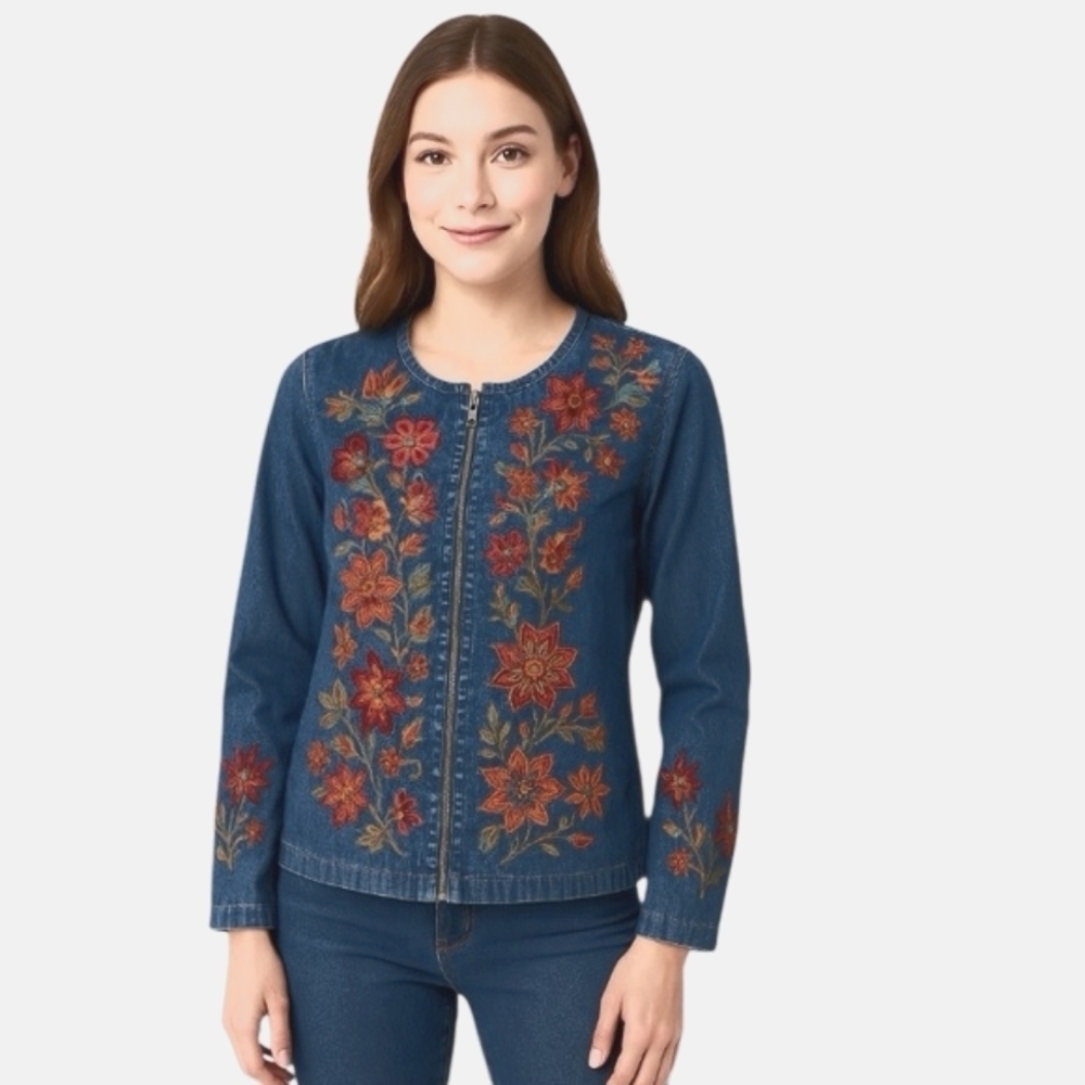 Keren Hart Vintage Floral Embroidered Indie Sleaze Y2K Denim Jacket Size S
